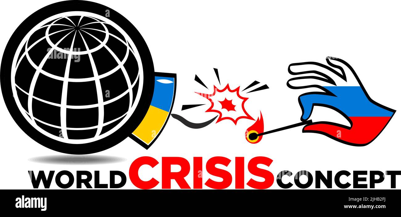 Concept of the world crisis. The threat of world war. Earth in the form of a bomb with the Ukrainian flag. A hand with a Russian flag lights the fuse Stock Vector