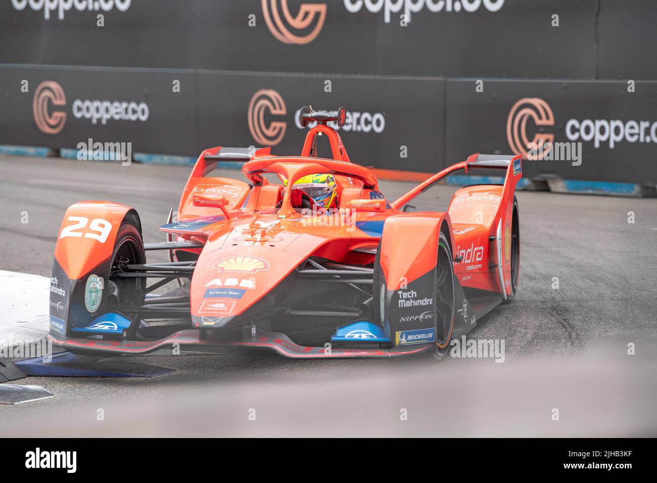 Alexander Sims (car no. 29) of Mahindra Racing drives during the ABB FIA Formula E Championship, New York City E-Prix Season 8 Round 11 in the Brooklyn borough of New York City. Stock Photo