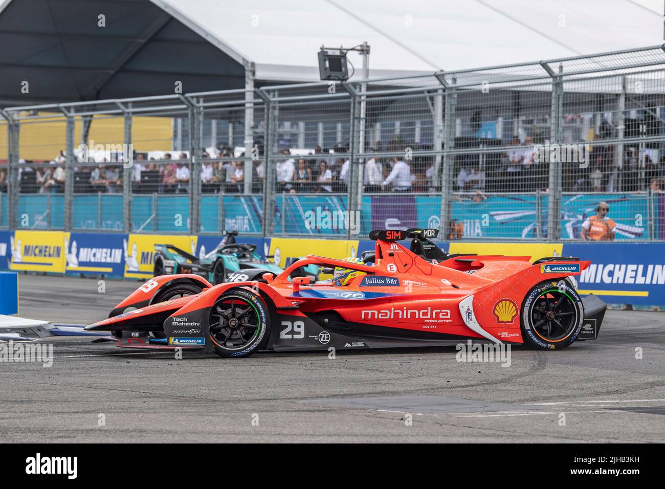 Alexander Sims (car no. 29) of Mahindra Racing drives during the ABB FIA Formula E Championship, New York City E-Prix Season 8 Round 11 in the Brooklyn borough of New York City. Stock Photo