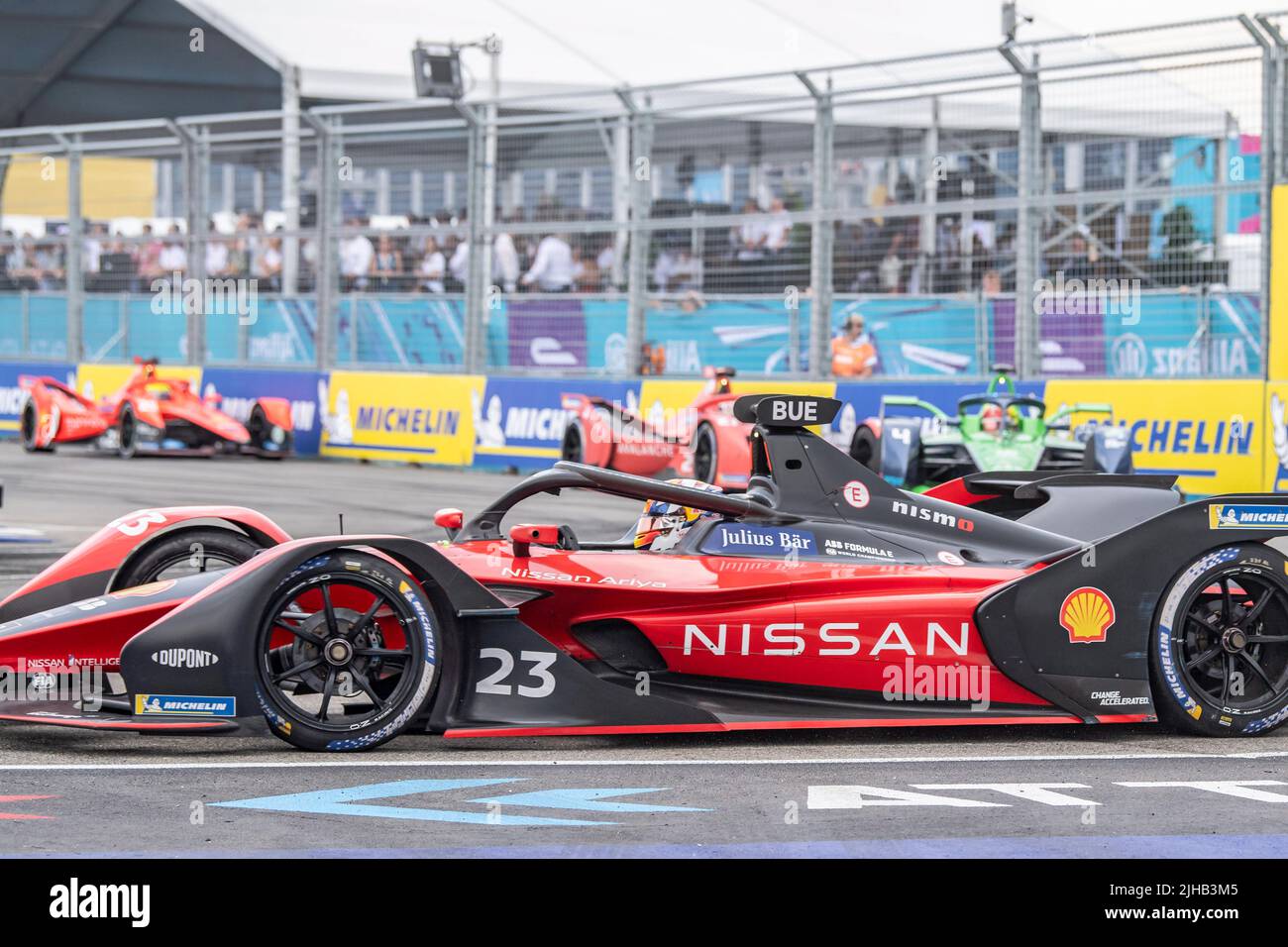 Sebastien Buemi (car no. 23) of Nissan E.Dams drives during the ABB FIA Formula E Championship, New York City E-Prix Season 8 Round 11 in the Brooklyn borough of New York City. Stock Photo