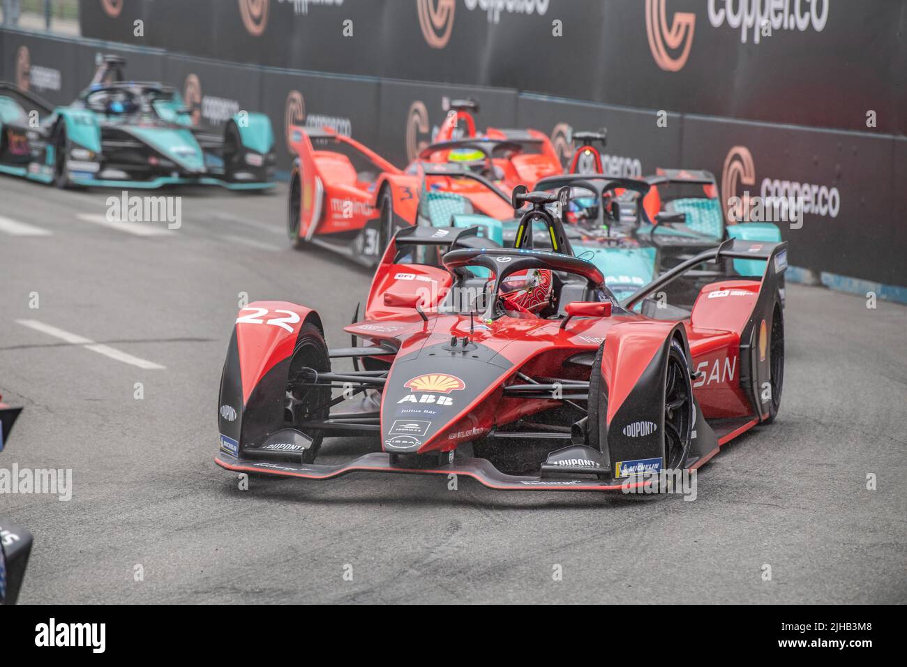 Maximilian Guenther (car no. 22) of Nissan E.Dams drives during the ABB FIA Formula E Championship, New York City E-Prix Season 8 Round 11 in the Brooklyn borough of New York City. Stock Photo