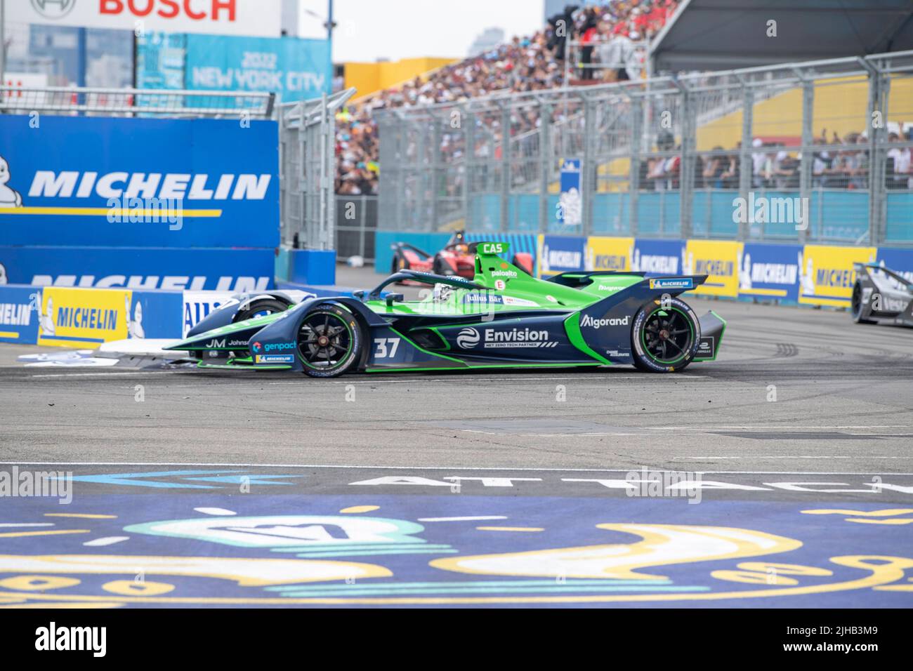 Nick Cassidy (car no. 37) of Envision Racing drives during the ABB FIA Formula E Championship, New York City E-Prix Season 8 Round 11in the Brooklyn borough of New York City. Stock Photo