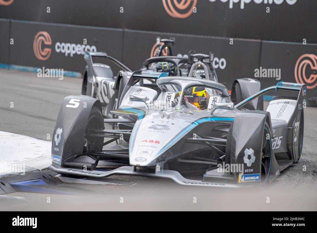 Stoffel Vandoorne (car no. 5) of Mercedes-EQ drives during the ABB FIA Formula E Championship, New York City E-Prix Season 8 Round 11 in the Brooklyn borough of New York City. Stock Photo