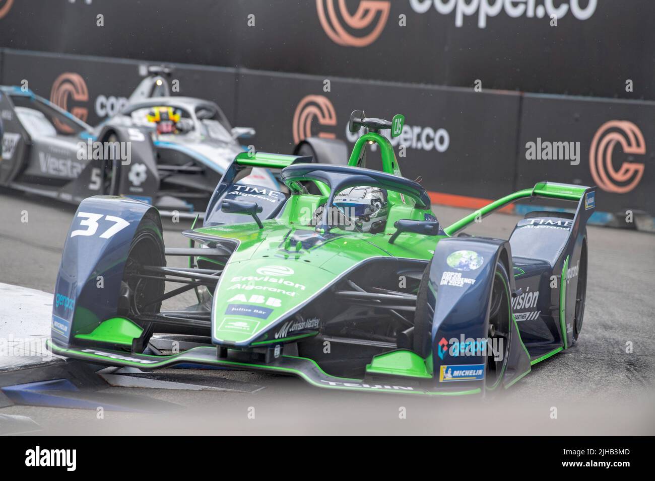 Nick Cassidy (car no. 37) of Envision Racing drives during the ABB FIA Formula E Championship, New York City E-Prix Season 8 Round 11in the Brooklyn borough of New York City. Stock Photo