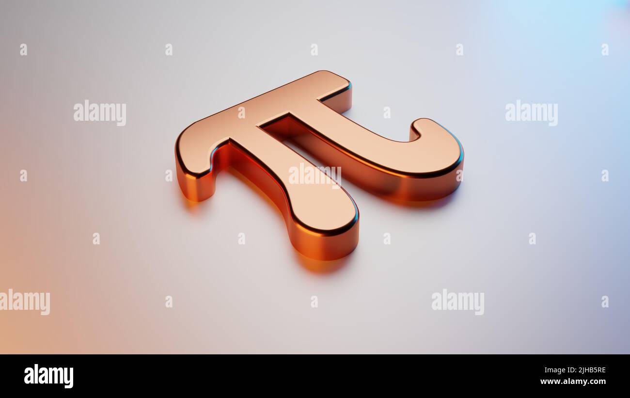 Colorful, glossy metal 3D pi symbol on white background. Upper Light moving. 3D render. Stock Photo