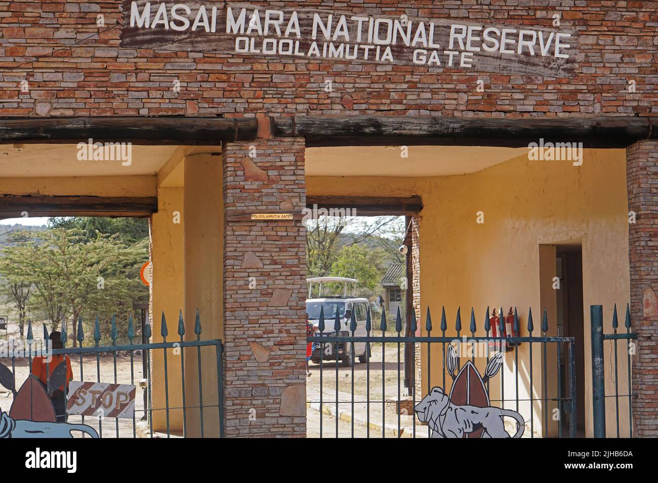 Narok, Kenya - July 11, 2017: Masai Mara national reserve gate in Narok county Kenya Africa. Stock Photo