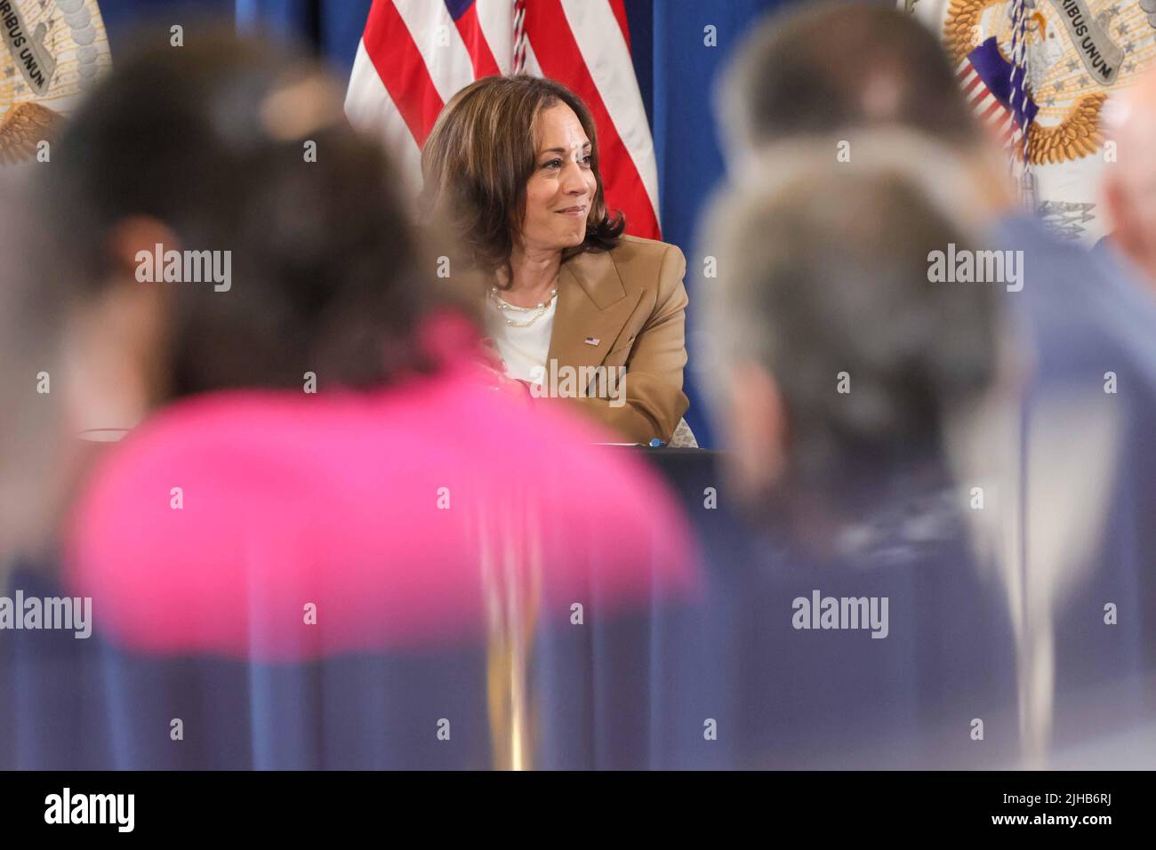 Vice President Kamala Harris (CENTER) listens to remarks from Pennsylvania state legislators during a round table discussion on reproductive rights Saturday. July 16, 2022 at the Carpenter Union Building in Philadelphia, PA Credit: Saquan Stimpson / Pool via CNP /MediaPunch Stock Photo