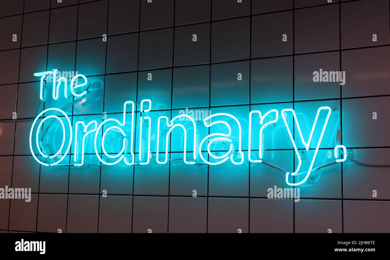 The Ordinary, blue,neon sign,Covent Garden,London,UK Stock Photo