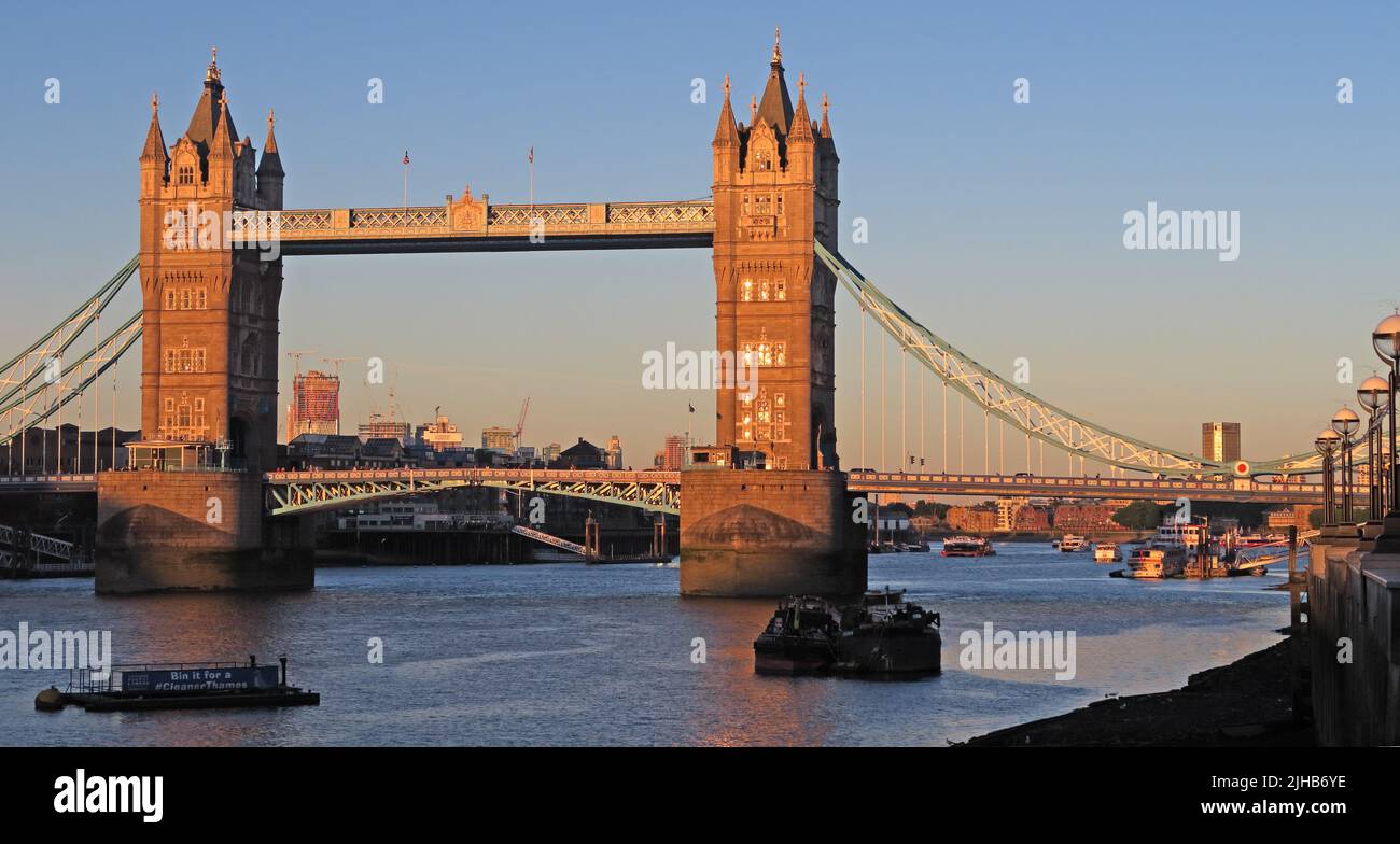 Tower Bridge on the river Thames at sunset, from Southwark, London, England, UK, SE1 Stock Photo