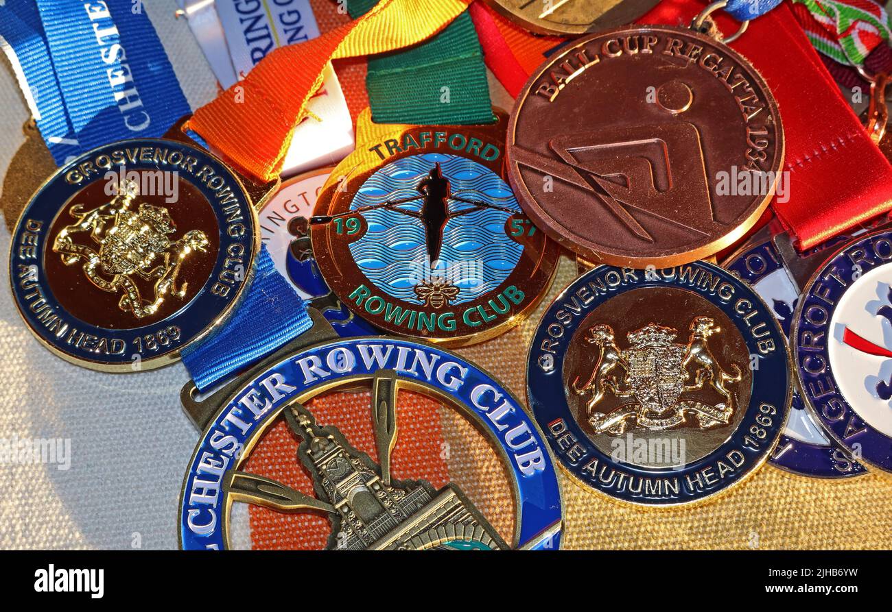 British Rowing event and rowing club medals from regatta and schools events and Heads Stock Photo