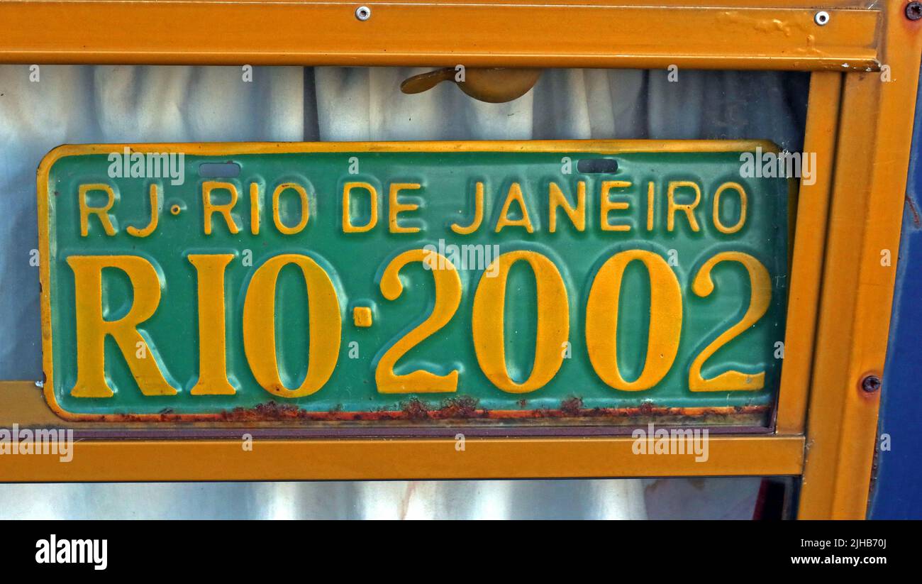 Brazil RJ number plate, Rio De Janeiro, RIO2002, in yellow and green Stock Photo