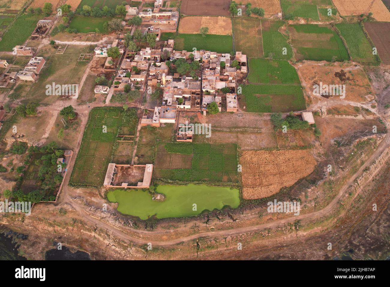 An Aerial view and High angle footage of Kala Shah Kaku, The Village of Punjab Pakistan, Drone's Flight Stock Photo