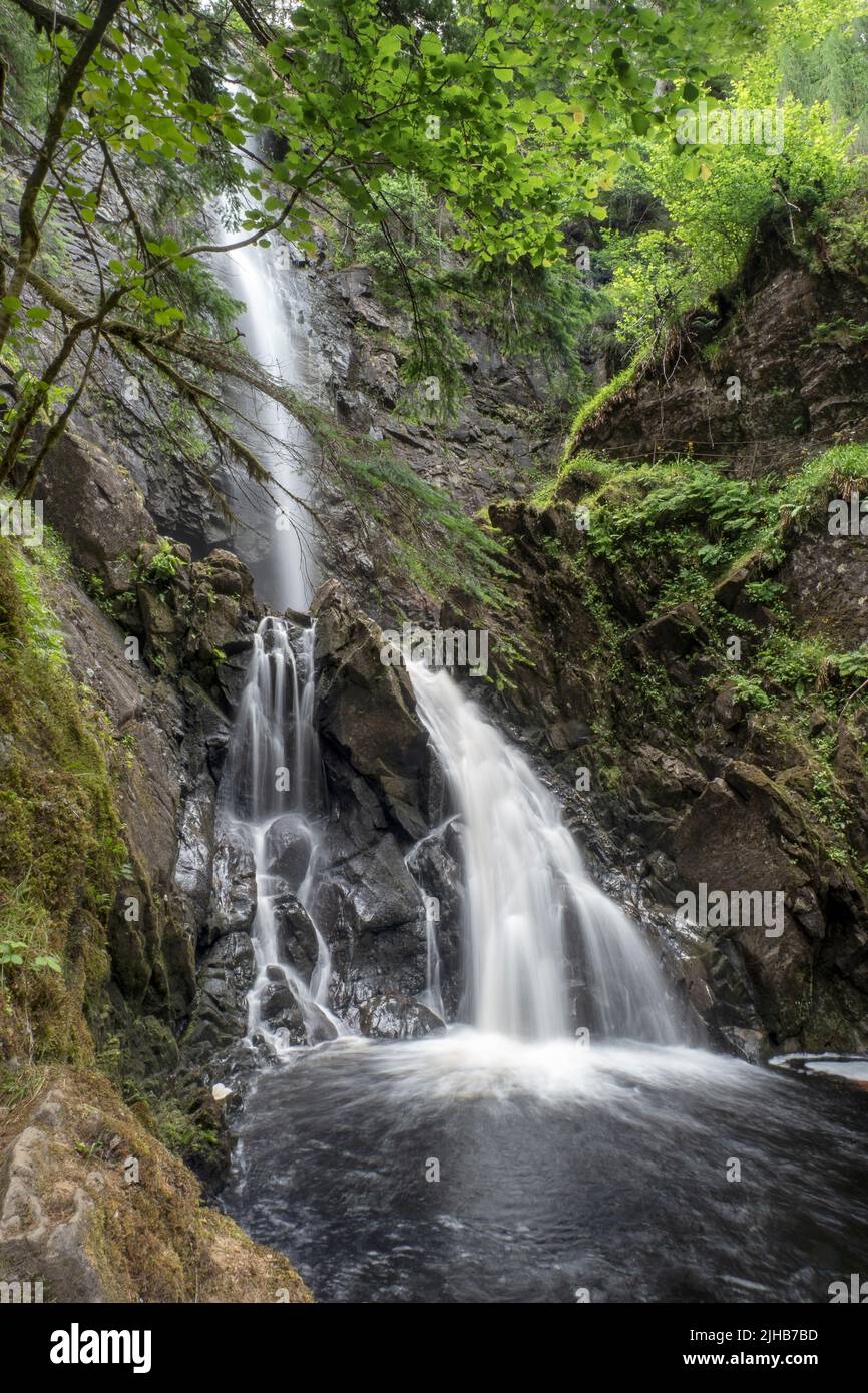 Plodda Falls (Gaelic: Eas Ploda) is a waterfall, situated 5 km south-west of the village of Tomich, near Glen Affric, in the Highlands of Scotland. Stock Photo