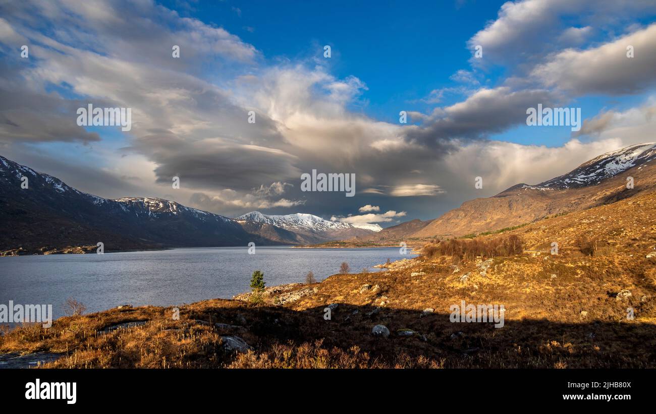 Snow Capped Mountains, Loch Cluanie, Highlands Scotland Stock Photo