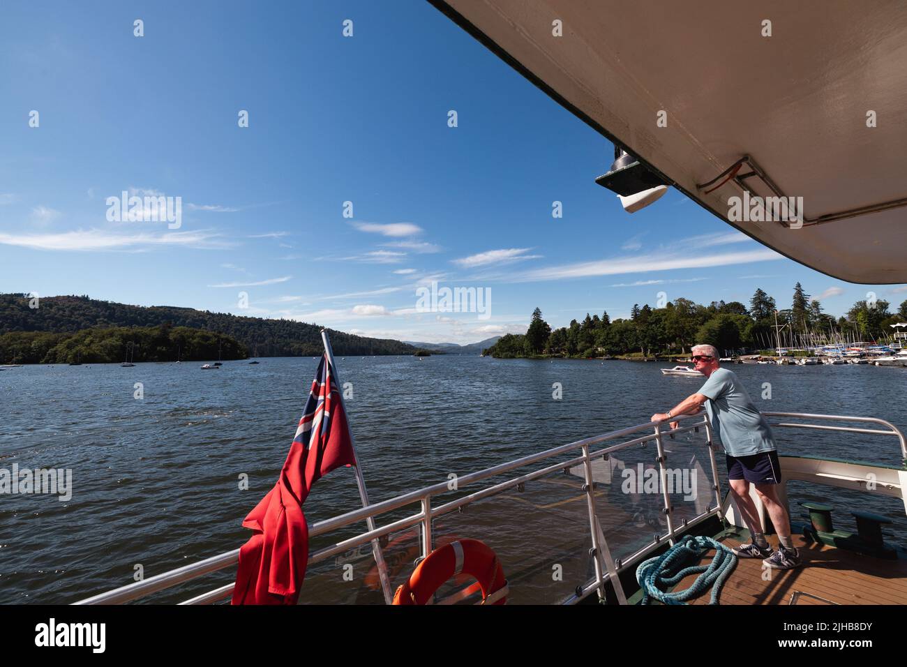 Lake Windermere .Cumbria .view from the stern of , new passenger cruiser ,The Swift , built in lockdown, Stock Photo