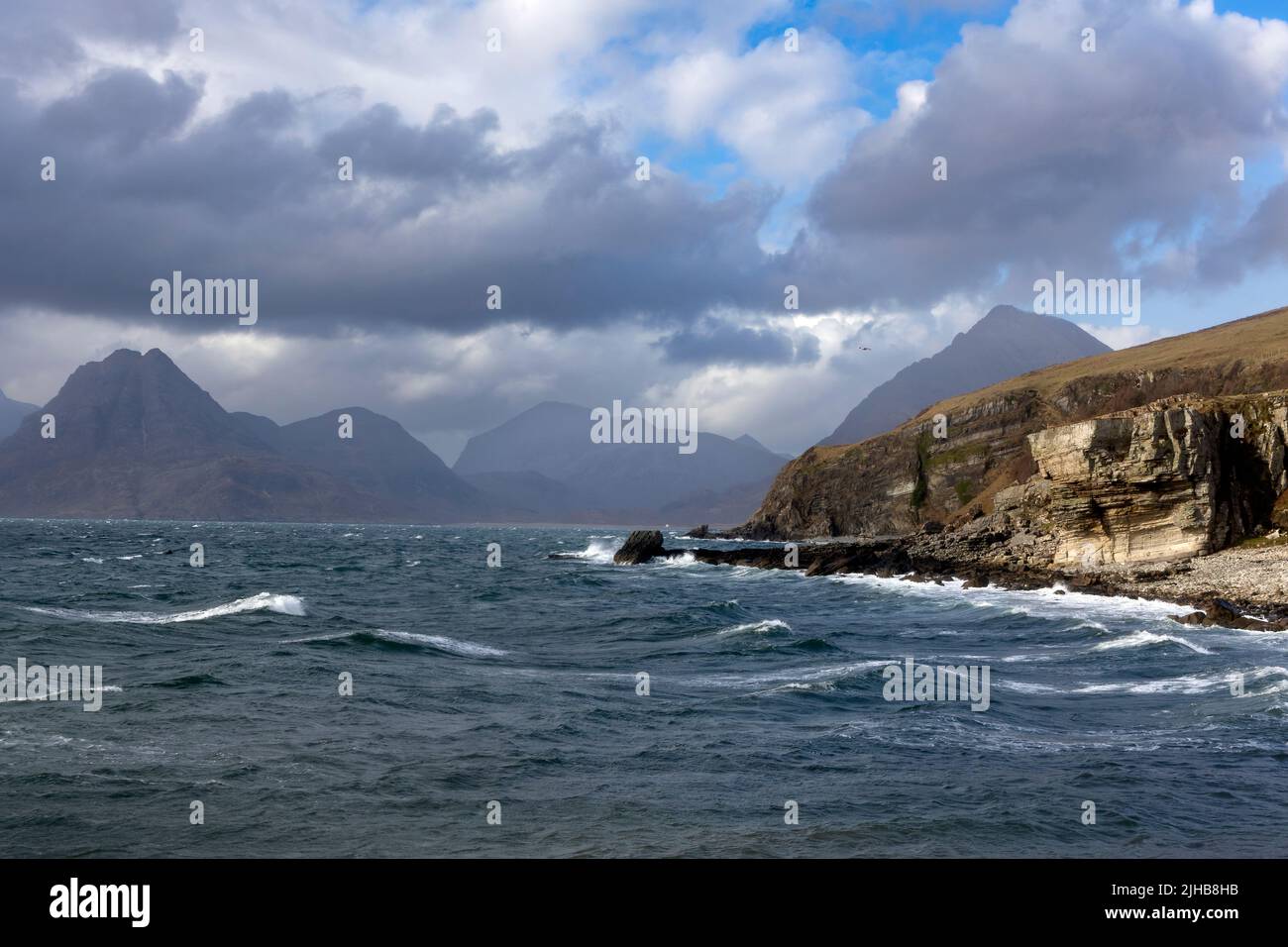 The View from Elgol across Loch Scavaig towards the Cuillins Mountains, Isle of Skye, Scotland Stock Photo