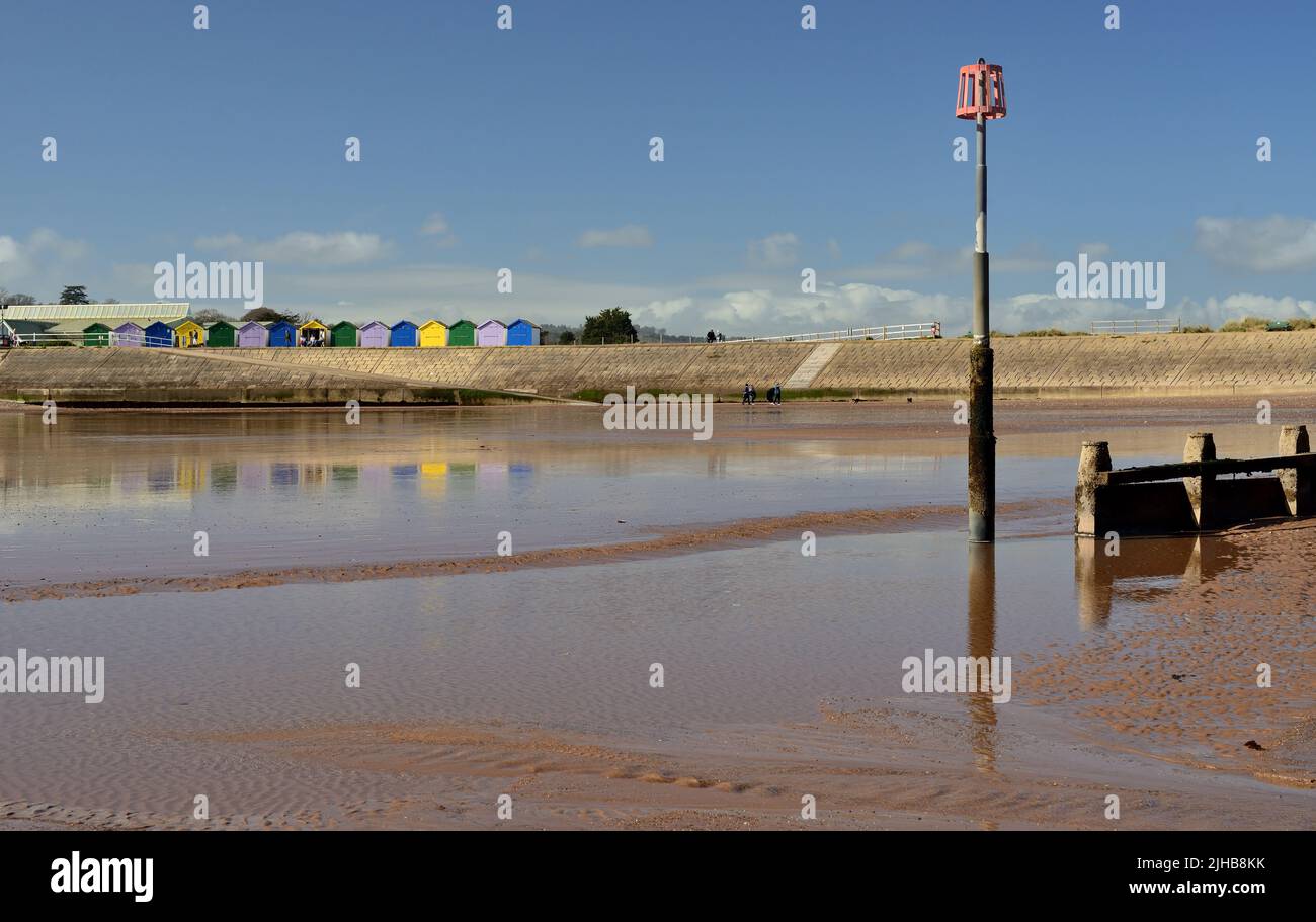Reflections on the beach at Dawlish Warren, South Devon, at low tide. Stock Photo