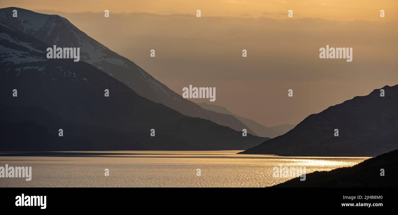 Loch Mullardoch, Glen Cannich, Highlands Scotland at Sunset. Stock Photo