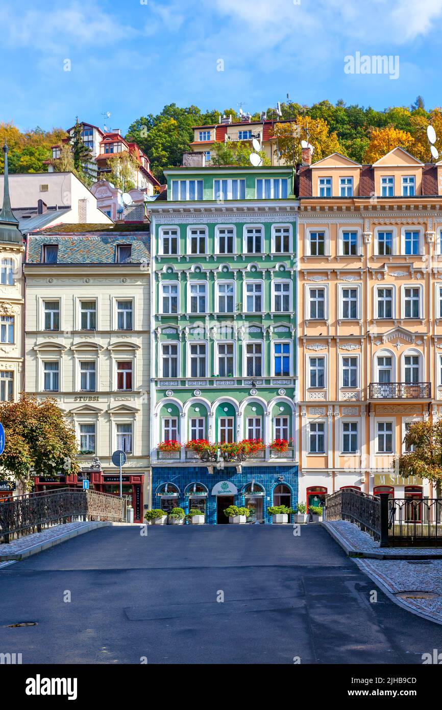 Karlovy Vary, Czech Republic - October 5, 2009: Colorful buildings in Karlovy Vary town Stock Photo