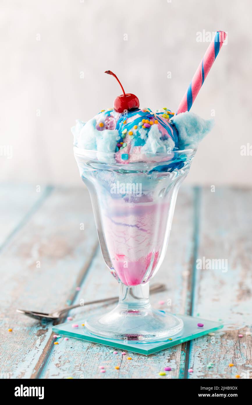 Facing view of a delicious cotton candy ice cream sundae Stock Photo