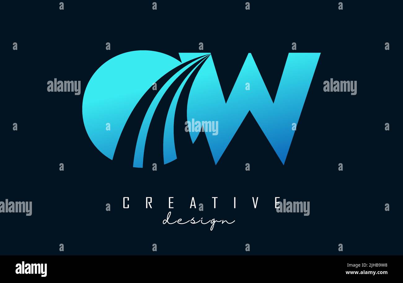 Creative blue letter OW o w logo with leading lines and road concept ...