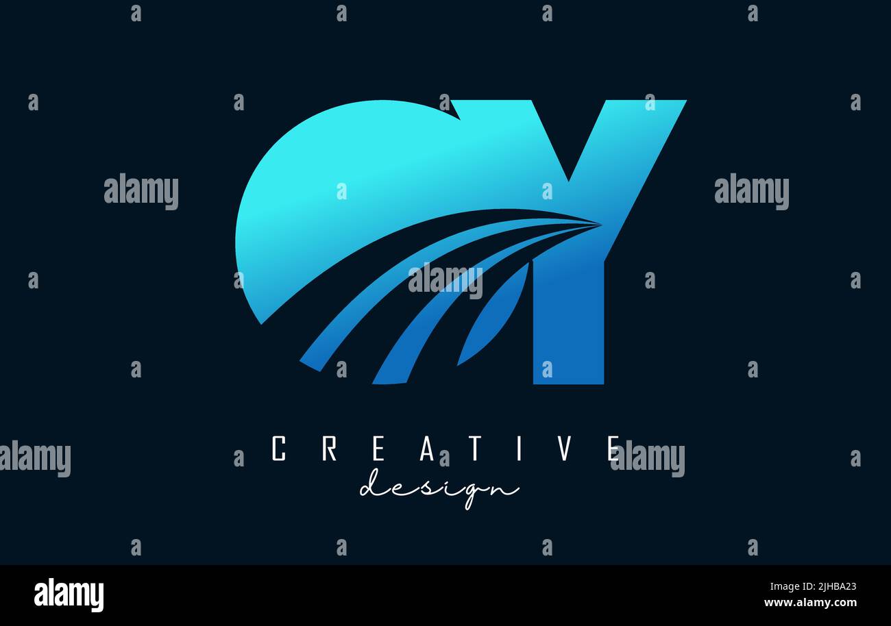 Creative blue letter OY o y logo with leading lines and road concept ...