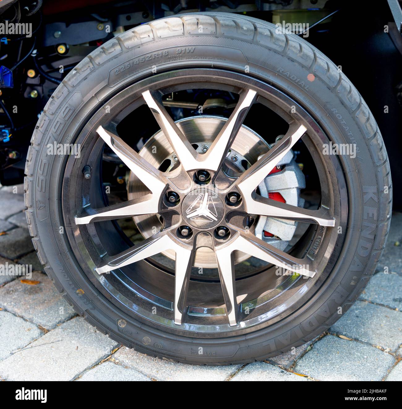 Miami Beach, Florida USA April 15, 2021 polaris slingshot motorcycle wheel and tire Stock