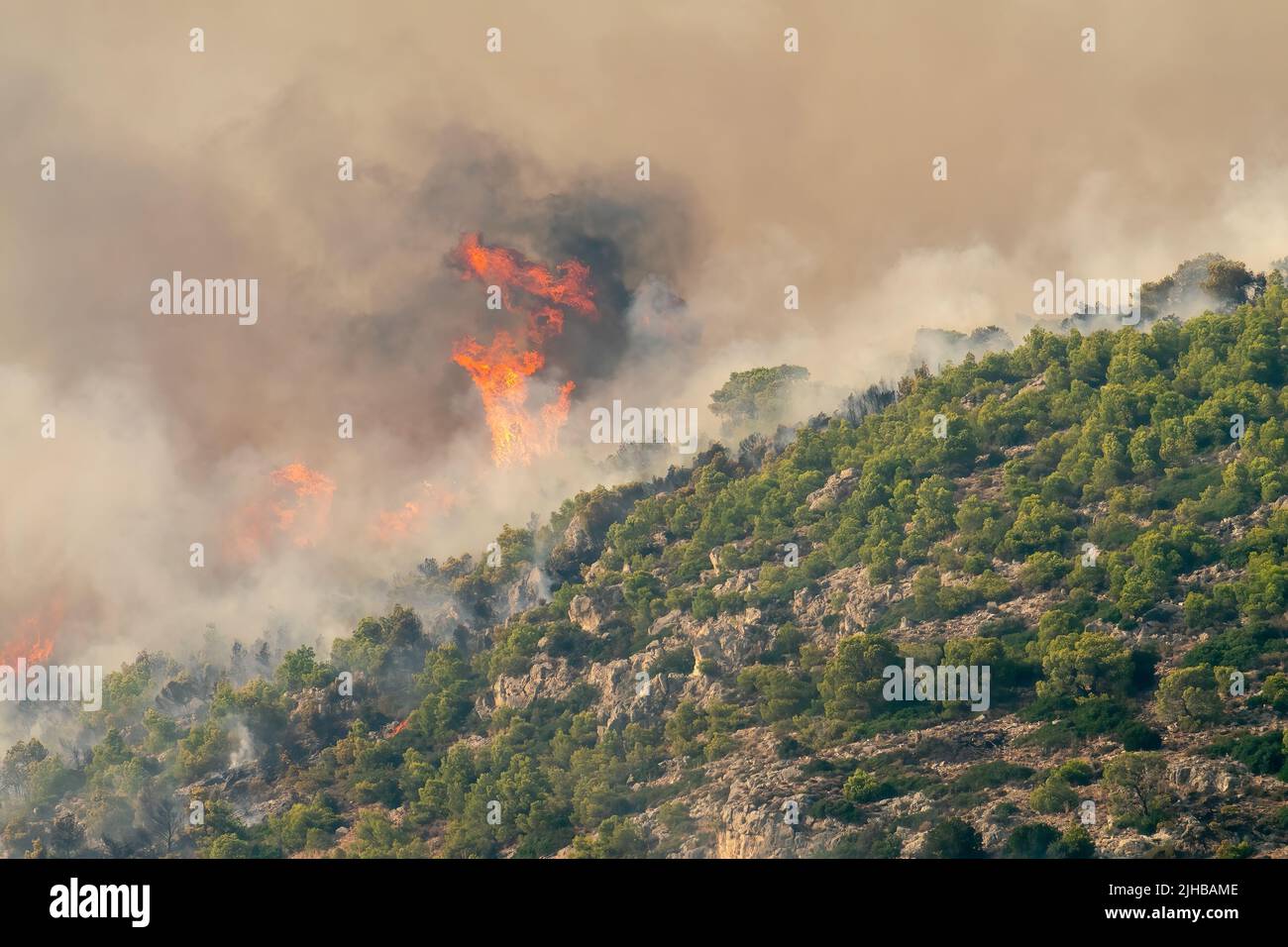 Loutraki, Greece 14 September 2019. Fire at Geraneia mountain in Loutraki. Close up view. Stock Photo