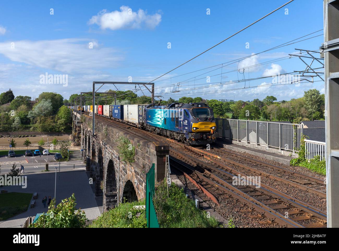 Direct rail Services class 88 locomotive 88007 hauling an intermodal container freight train on the west coast mainline at Lancaster Stock Photo