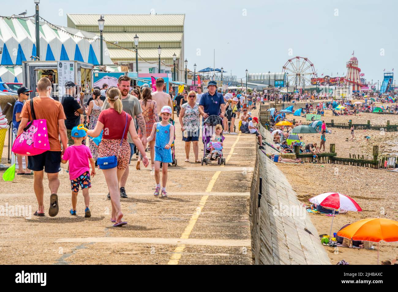 Sunday 17 July 2022.  Holidaymakers at Hunstanton in Norfolk enjoying the sunshine on what is predicted to be one of the hottest weekends of the year, with an extreme weather warning issued for England. Stock Photo