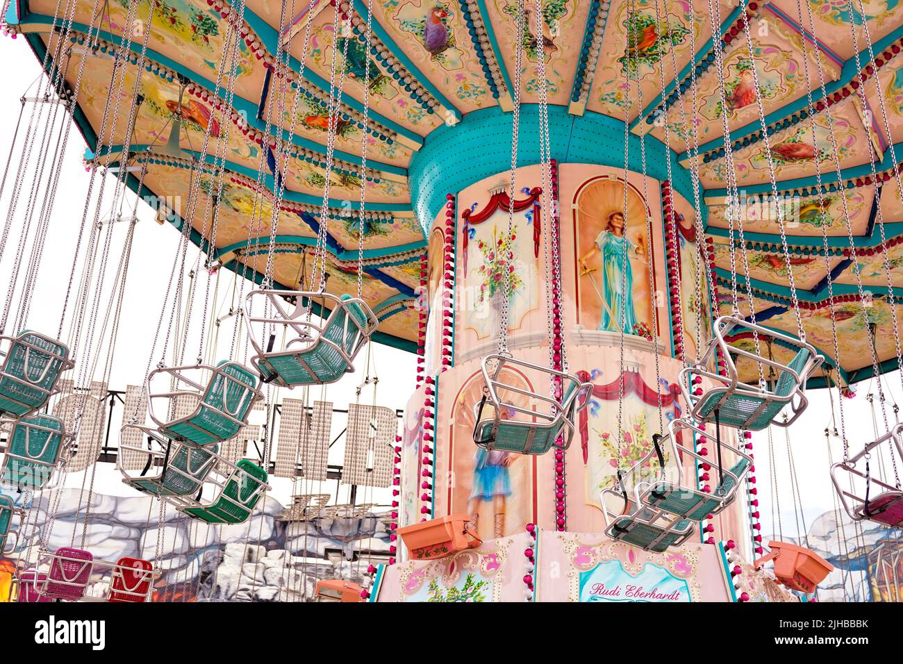 Detail of a typical German chain carousel at the popular fun fair 'Rheinkirmes' 2022 in Düsseldorf/Germany, the biggest fun fair on the Rhine. Stock Photo