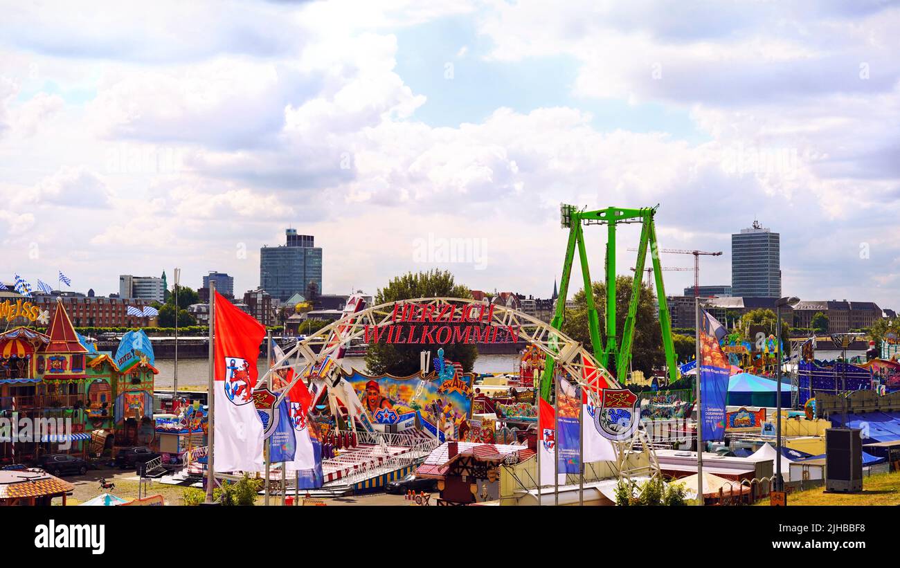 Panoramic view of popular fun fair 'Rheinkirmes' 2022 in Düsseldorf/Germany just before opening up. Stock Photo