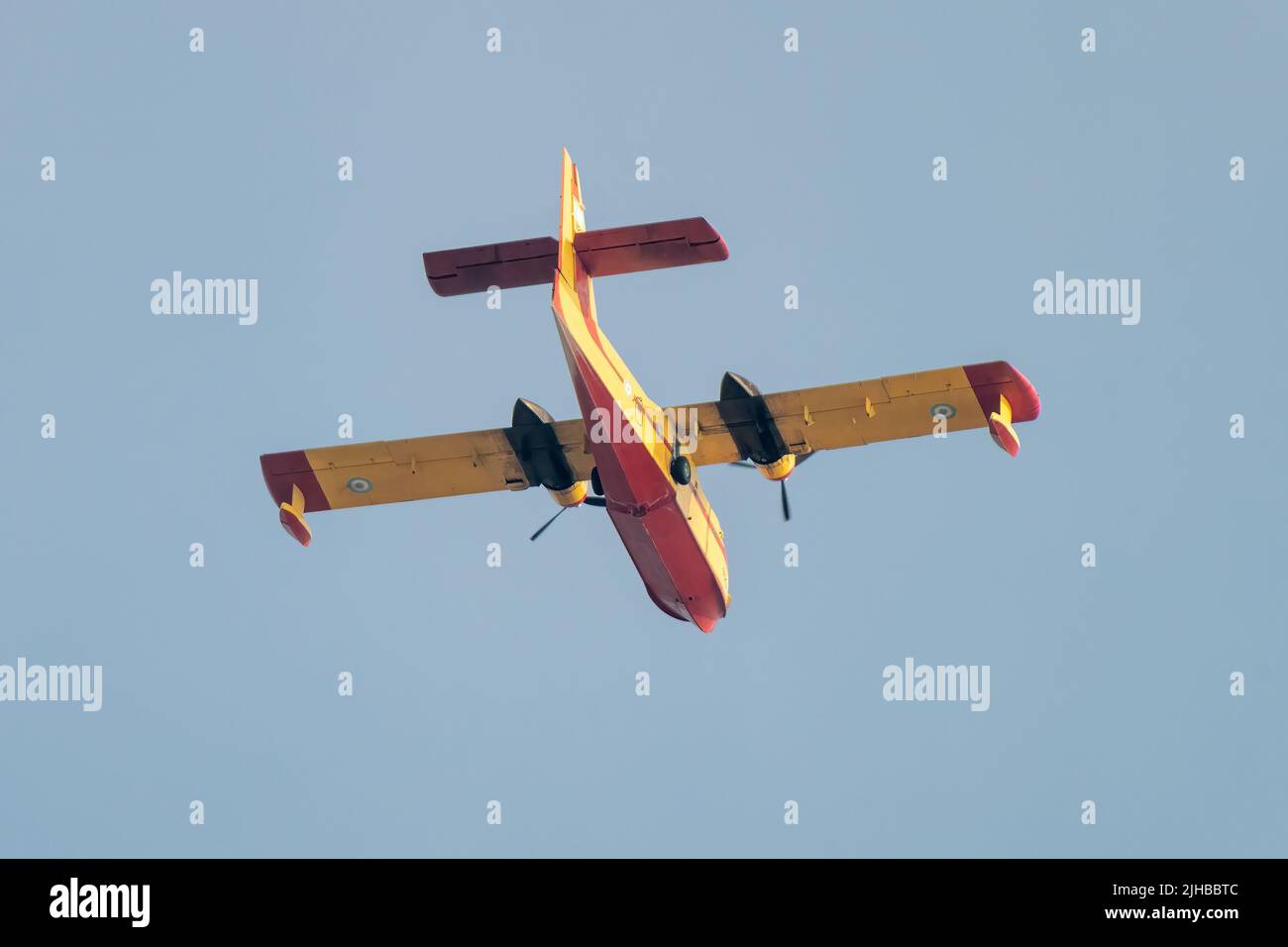 Loutraki, Greece 14 September 2019. Close up view of fire plane at the sky. Stock Photo