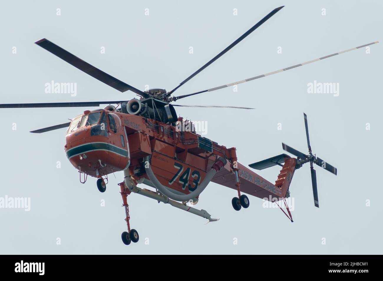 Loutraki, Greece 14 September 2019. Fire helicopter at Loutraki in Greece for the big fire. Close up view. Stock Photo