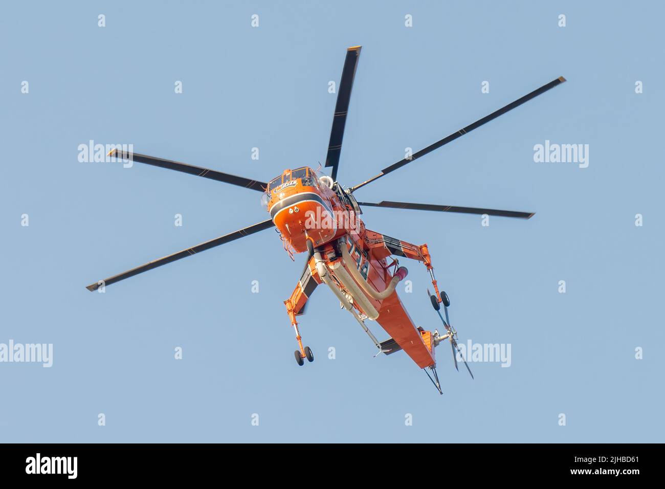Loutraki, Greece 14 September 2019. Fire helicopter up in the sky at Loutraki in Greece for the big fire. Stock Photo