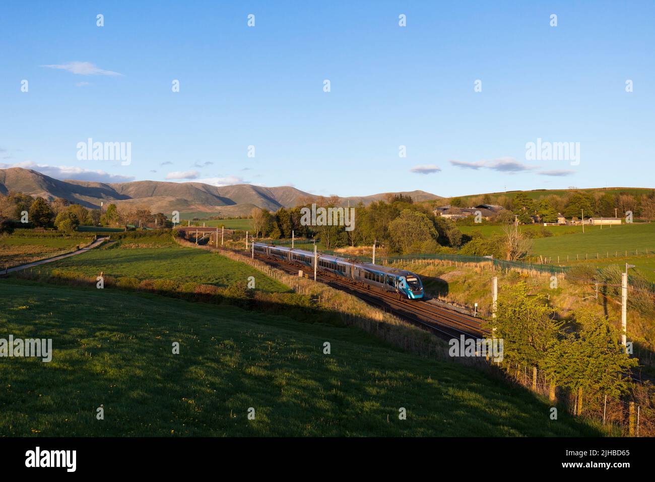 First Transpennine Express class 397 train passing  Grayrigg loops on the west coast mainline, Cumbria, UK Stock Photo