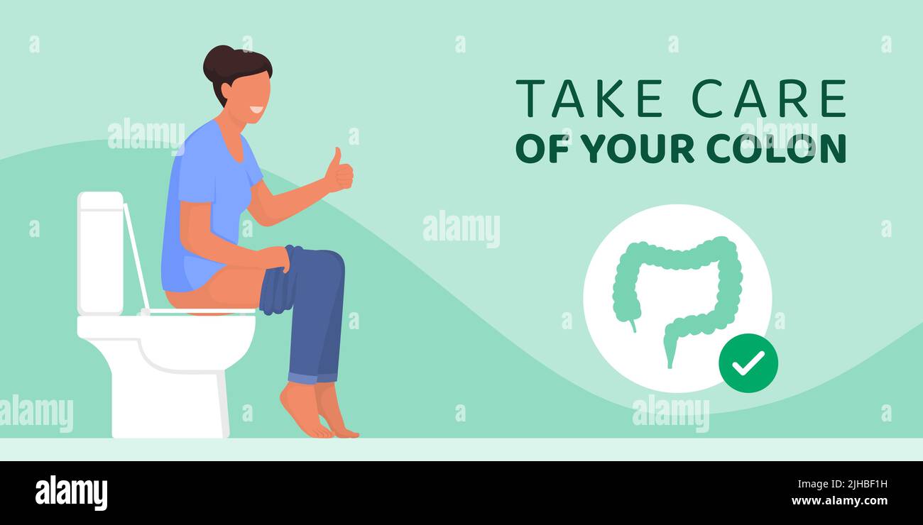 Happy woman sitting on the toilet and giving a thumbs up, healthy colon concept Stock Vector