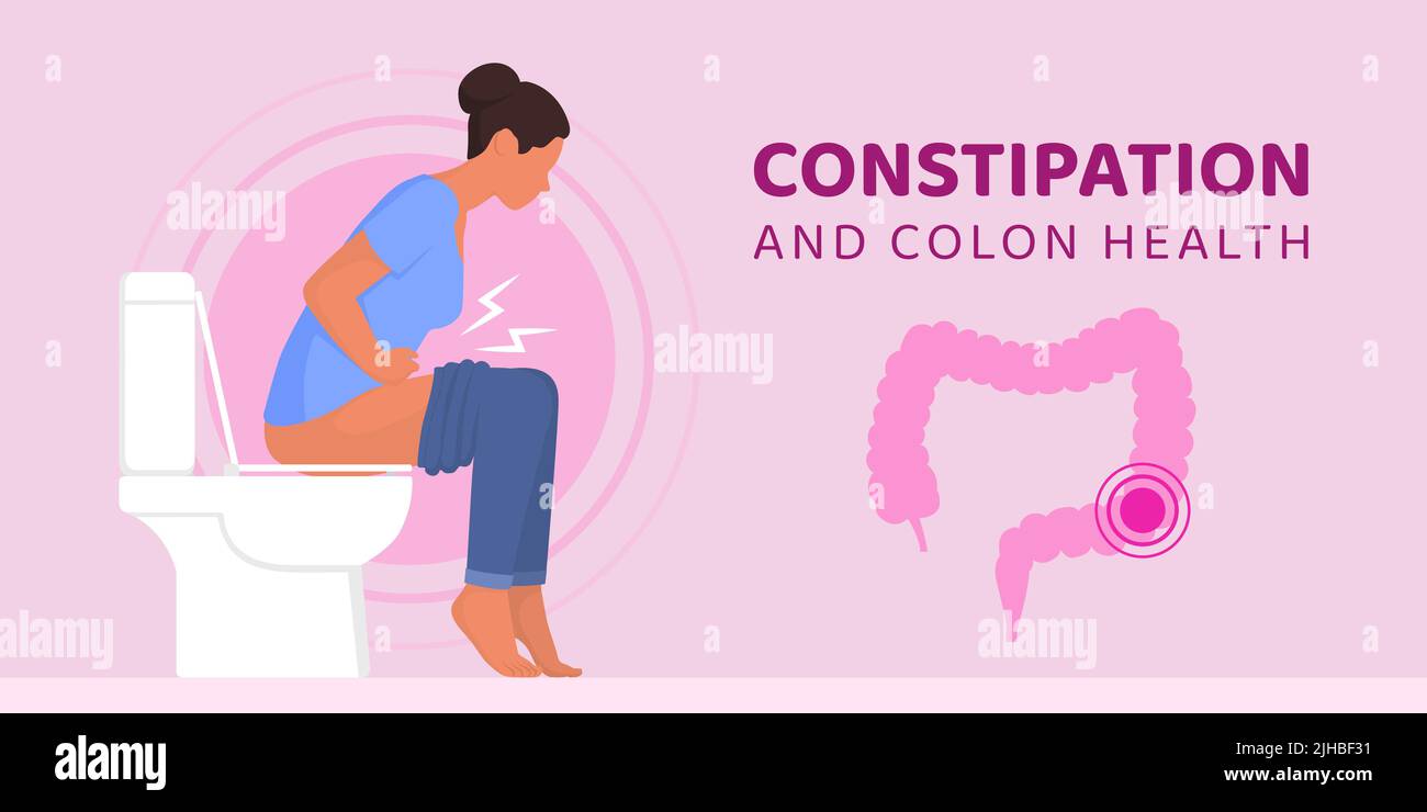 Constipated woman sitting on the toilet, colon health and bowel diseases concept Stock Vector
