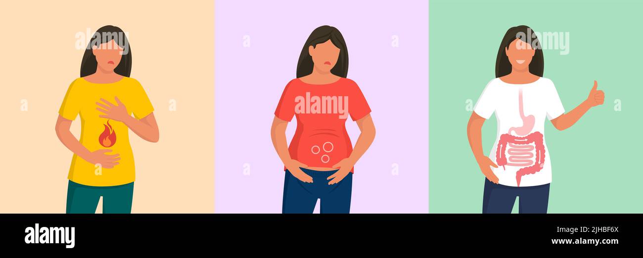 Woman with gastritis, bloated belly and healthy digestive system Stock Vector