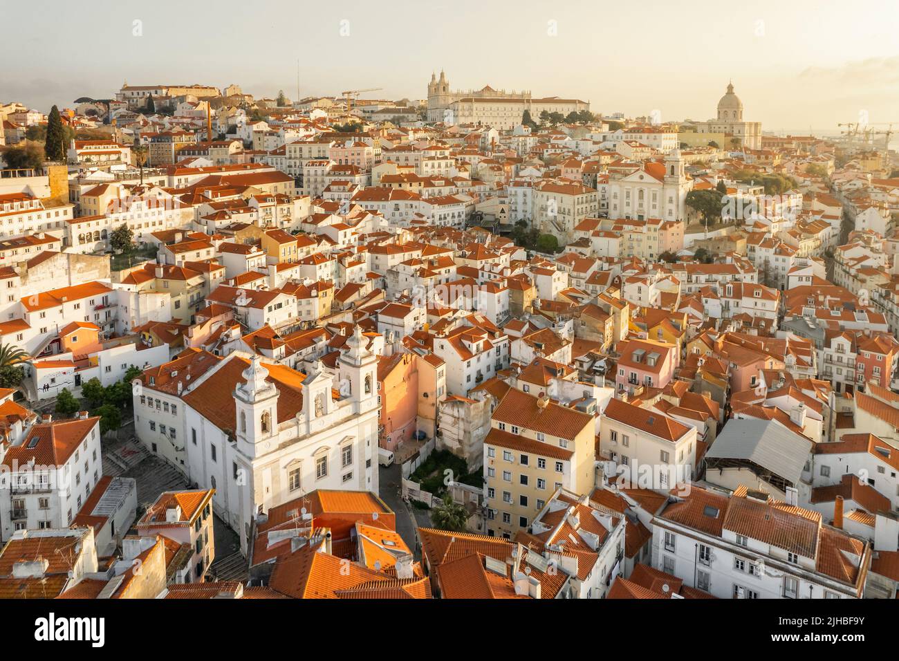Aerial panoramic view of downtown of Lisbon at sunrise, Portugal Stock Photo