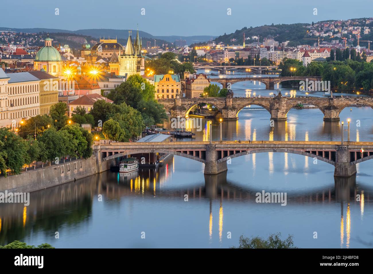 Prague cityscape at night. Prague old town, Charles bridge and Vltava river, Czech Republic. Stock Photo
