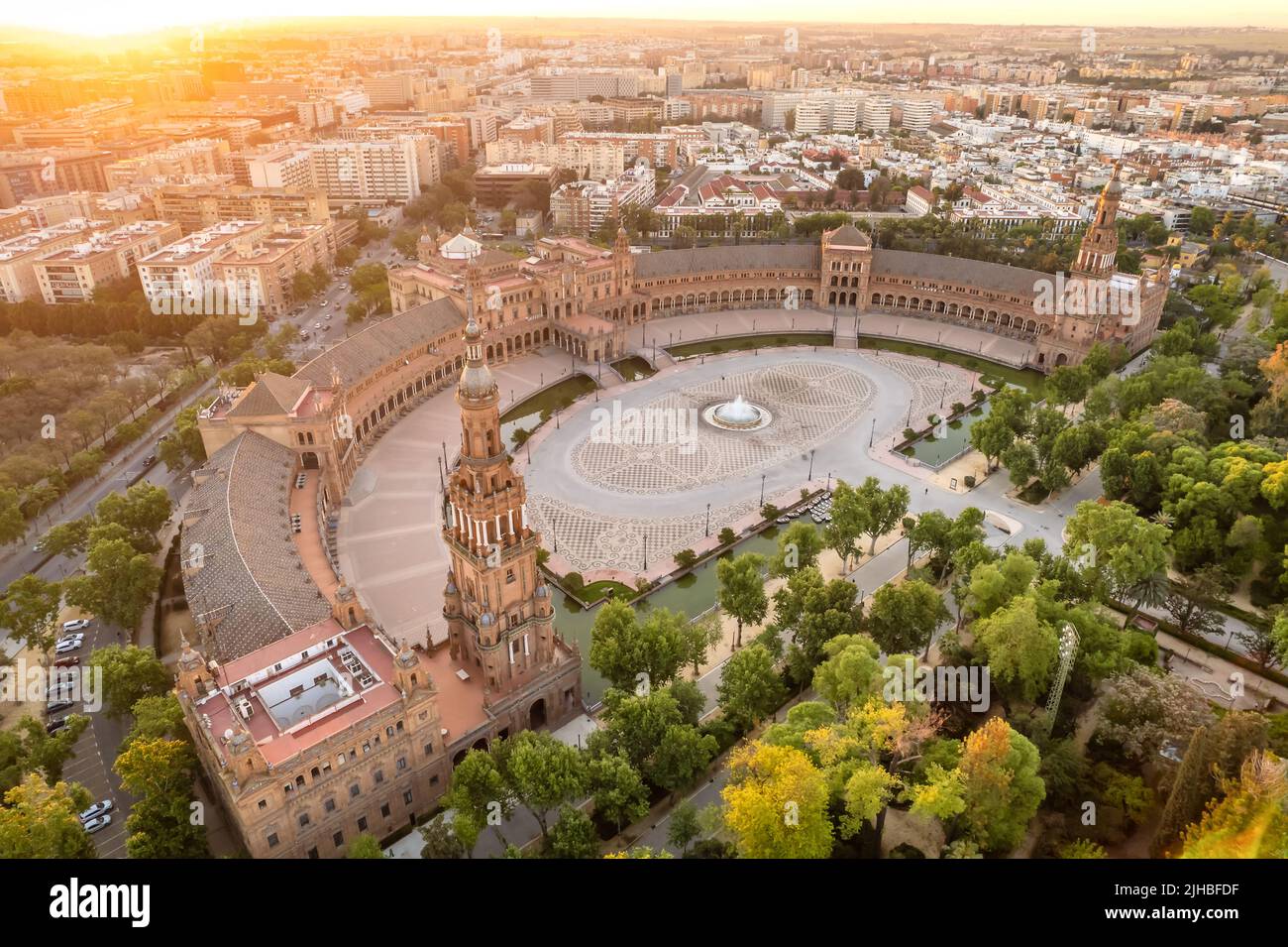 Plaza de Espana at sunrise in Seville, Spain. Aerial view Stock Photo