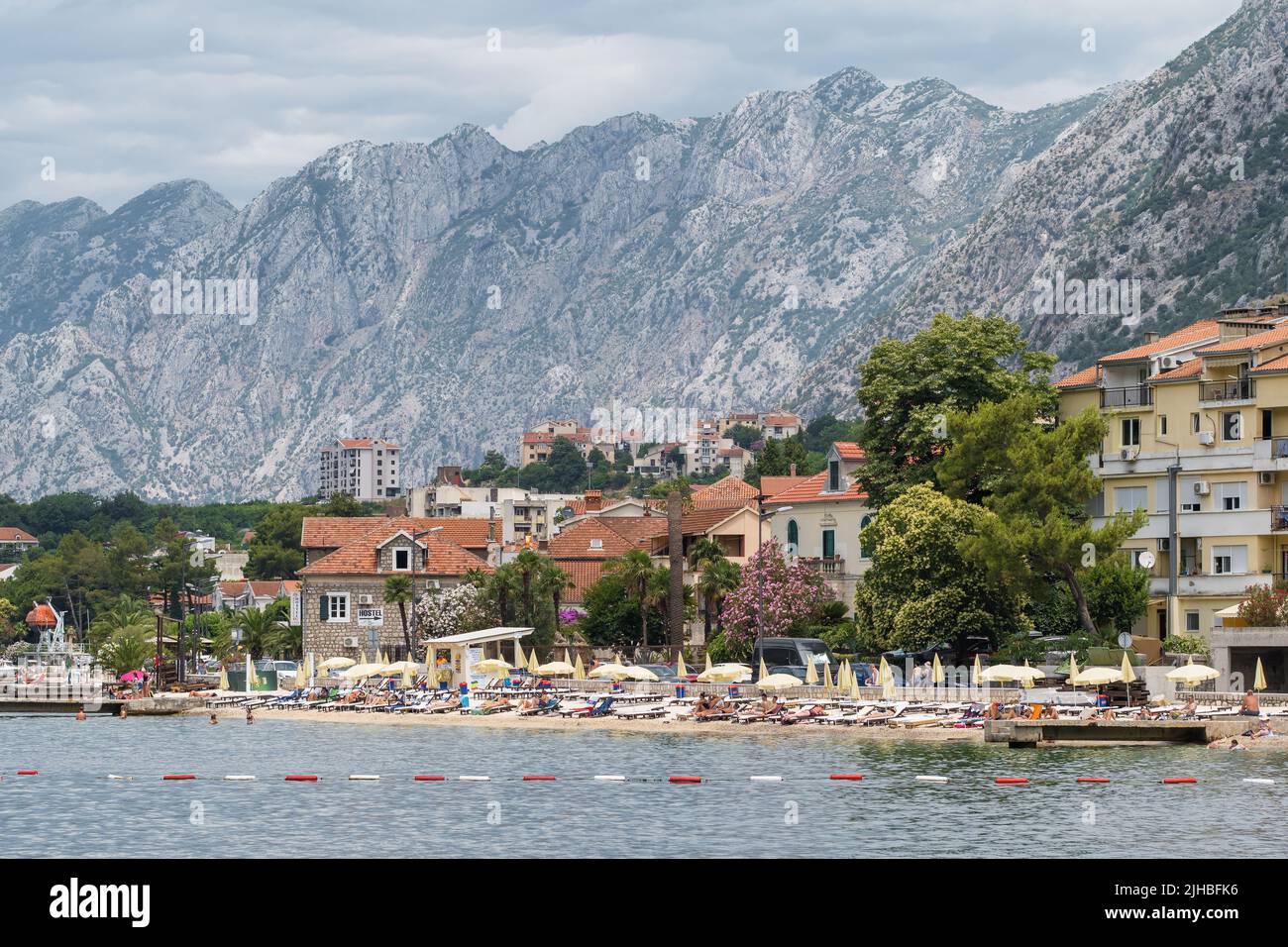 Kotor city beach in the bay of Kotor, Adriatic sea, Montenegro Stock Photo