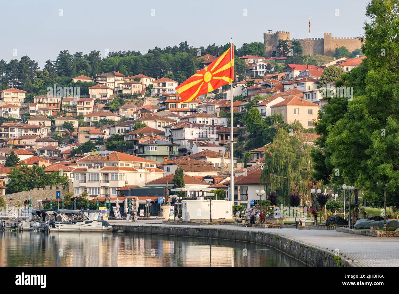 Macedonian Flag in Ohrid City at the shore of lake Ohrid, North Macedonia Stock Photo