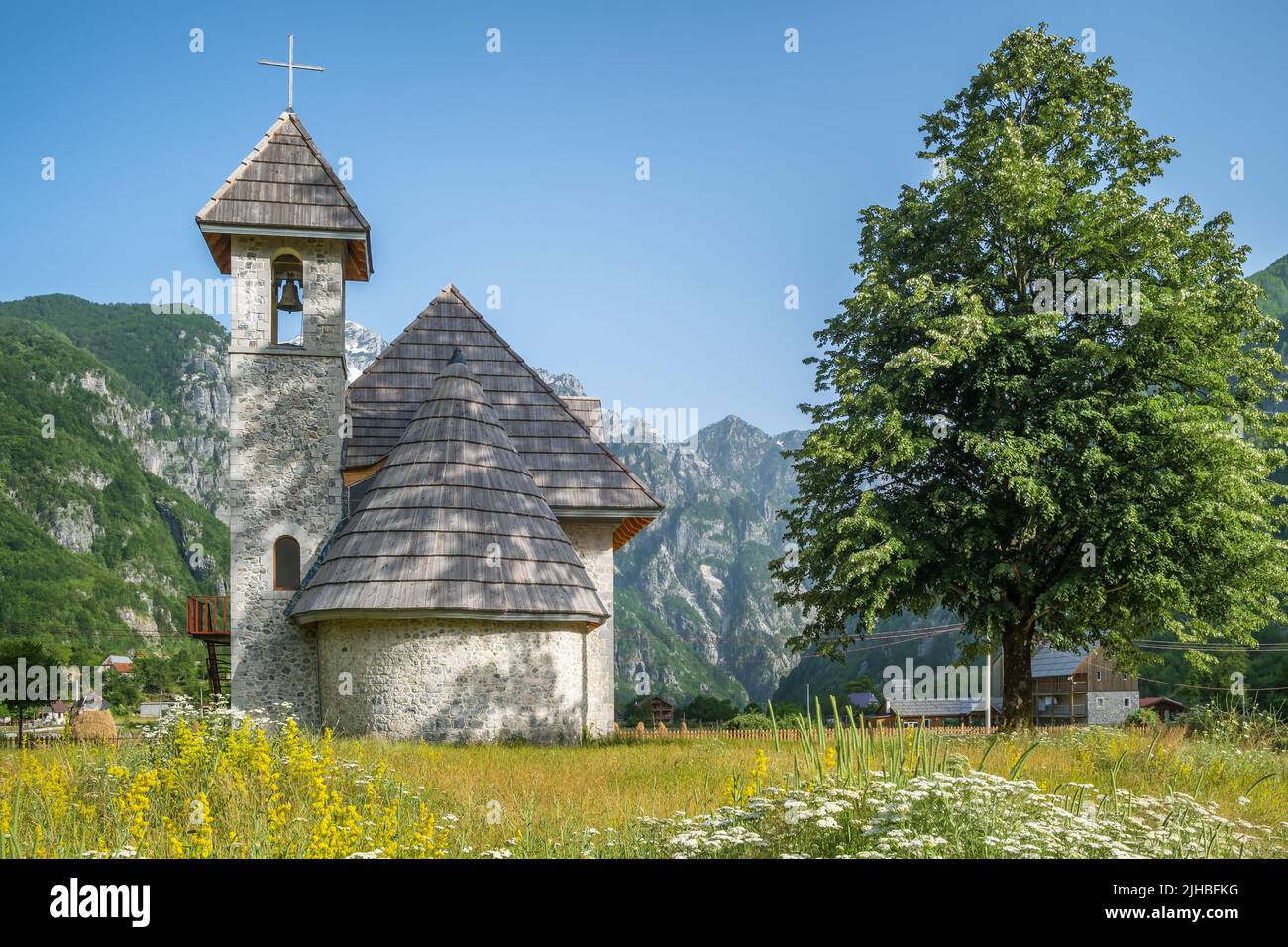 Christian Church in the village of Theth in Prokletije Mountains, Albania. Stock Photo