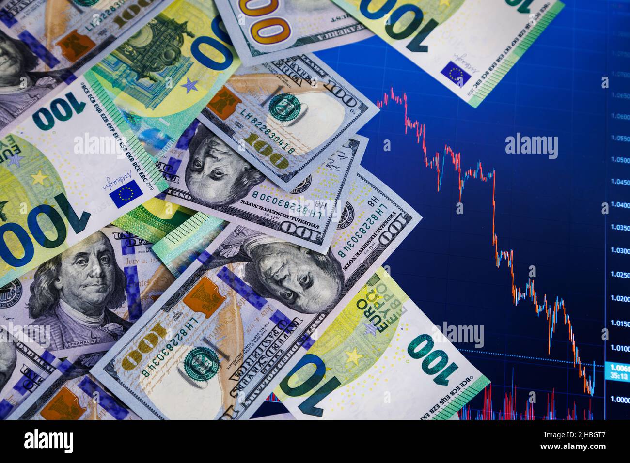 dollar and euro banknotes over digital screen with exchange chart