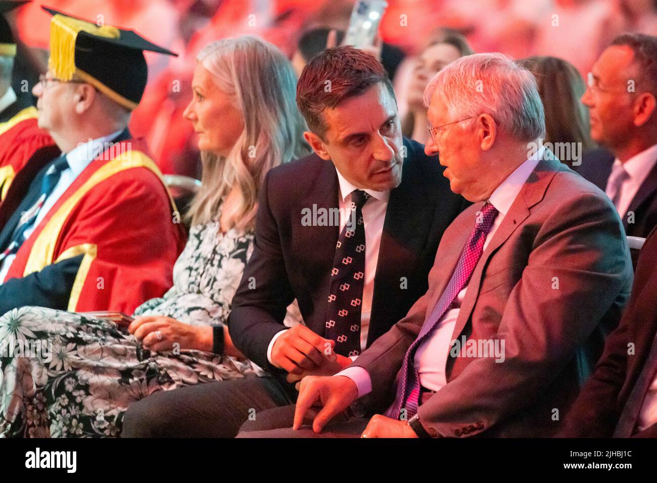 Graduation day at UA92, Manchester - 10th July 2022. Gary Neville and Sir Alex Ferguson. Stock Photo