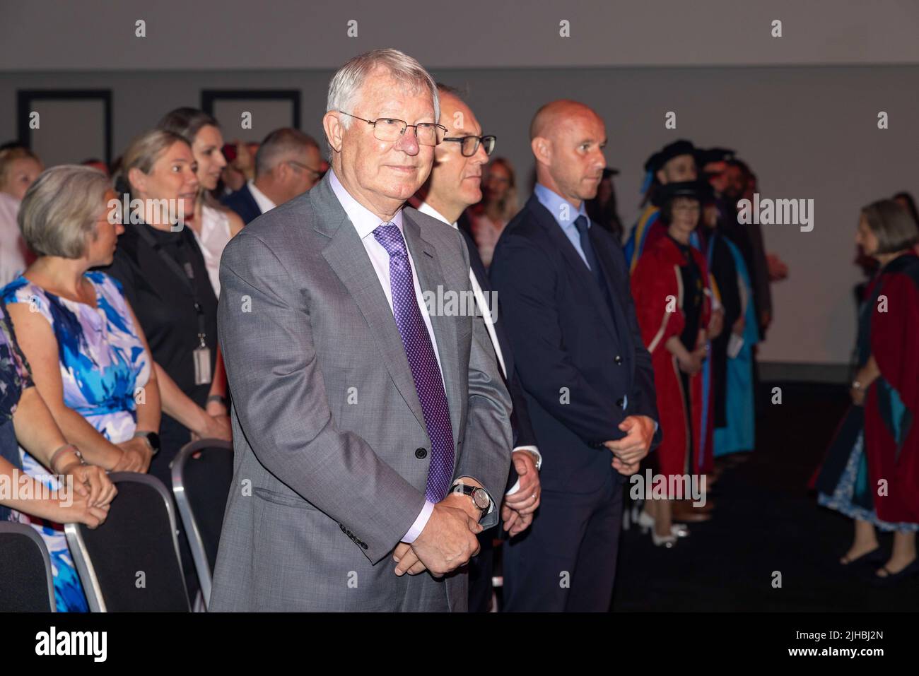 Graduation day at UA92, Manchester - 10th July 2022. Sir Alex Ferguson Stock Photo