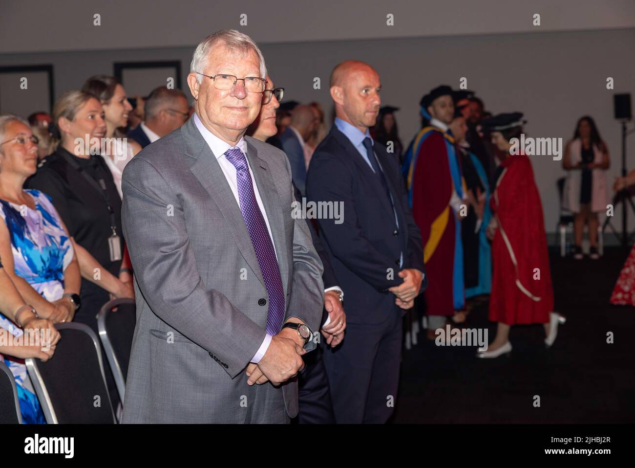 Graduation day at UA92, Manchester - 10th July 2022. Sir Alex Ferguson Stock Photo