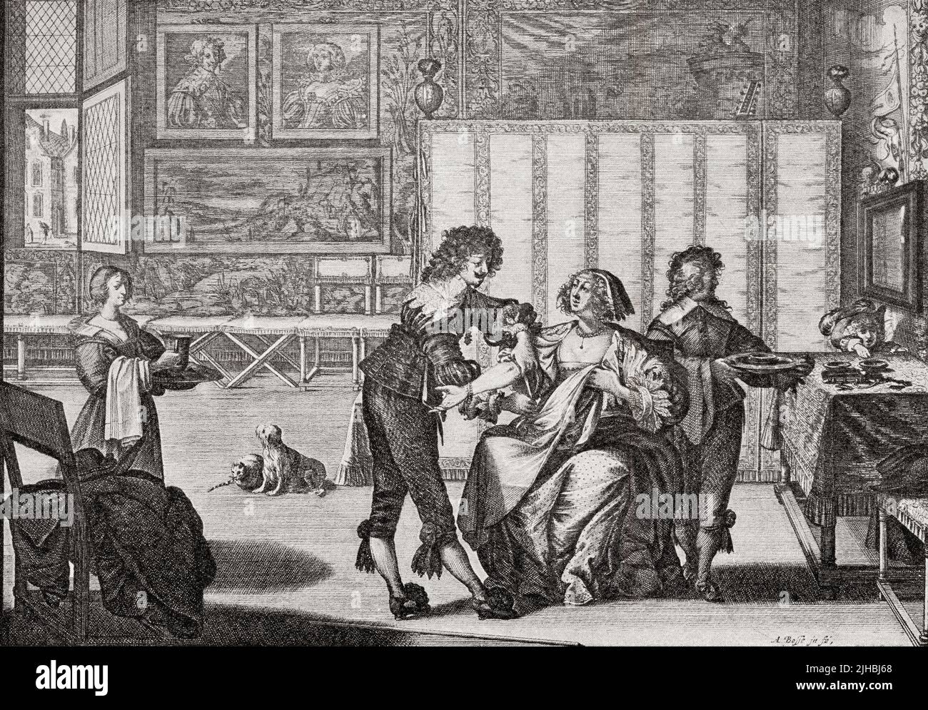 Bloodletting, after the 17th century work by Abraham Bosse.  Bloodletting or blood-letting the withdrawal of blood from a patient to prevent or cure illness and disease.  From Modes and Manners, published 1935. Stock Photo